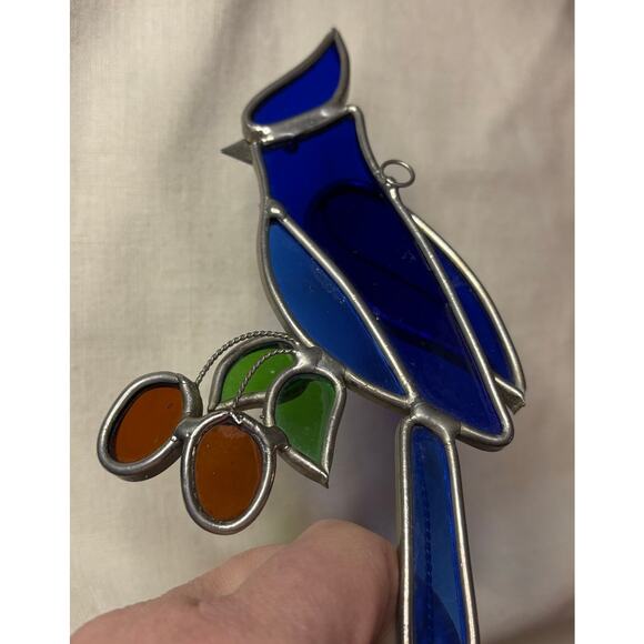 Vintage Stained Glass Blue Bird Suncatcher Cobalt Blue Green Leaves 6x3 - Picture 8 of 9